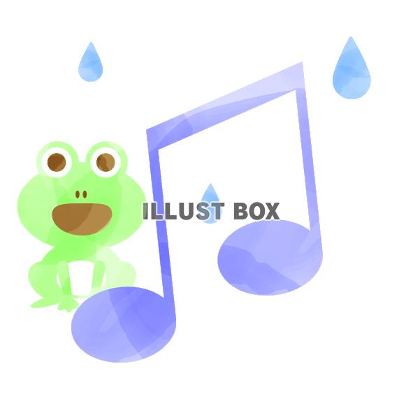 水彩風の音符と蛙と雨　青