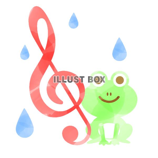 水彩風のト音記号と蛙と雨　ピンク