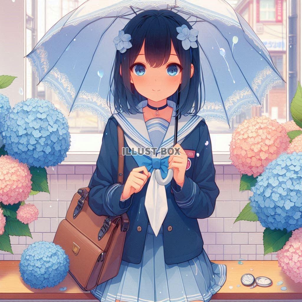 雨の日　アジサイと女子高生　イラスト