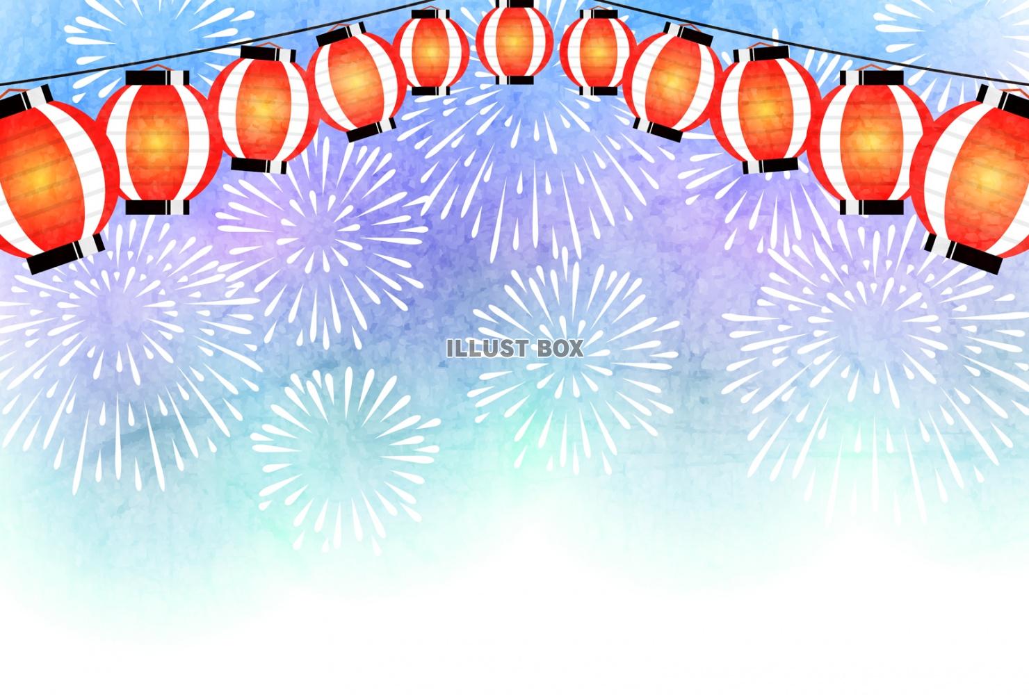 花火と提灯の夏祭りはがきヨコ紫