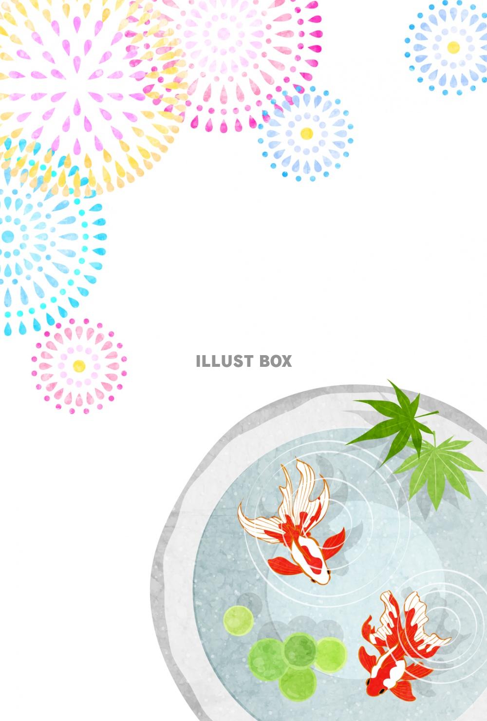 石鉢金魚と花火の夏祭りはがきタテ