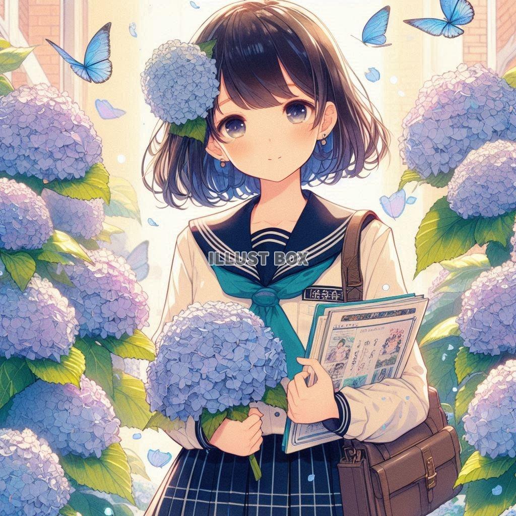 アジサイと女子高生　イラスト