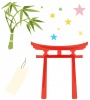 七夕飾り、水彩風の鳥居と竹(笹の葉)、星のイラスト