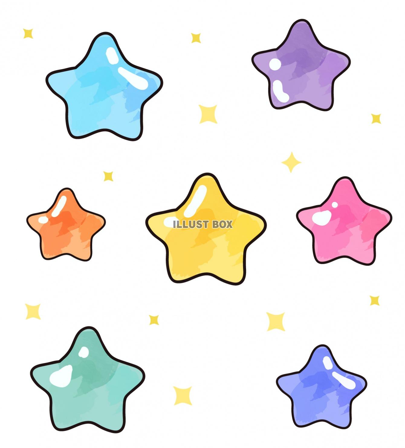 七夕の装飾用、ぷりっと可愛い星のカラーセット、水彩タッチのイ...