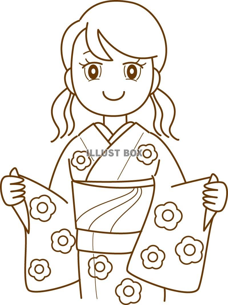 ぬりえ素材、着物姿の女性