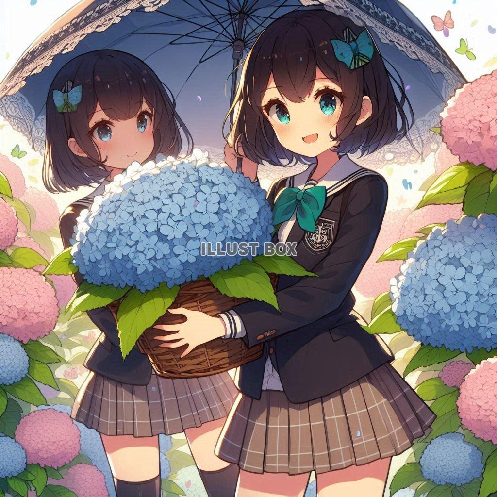 雨の日　アジサイと女子高生　イラスト