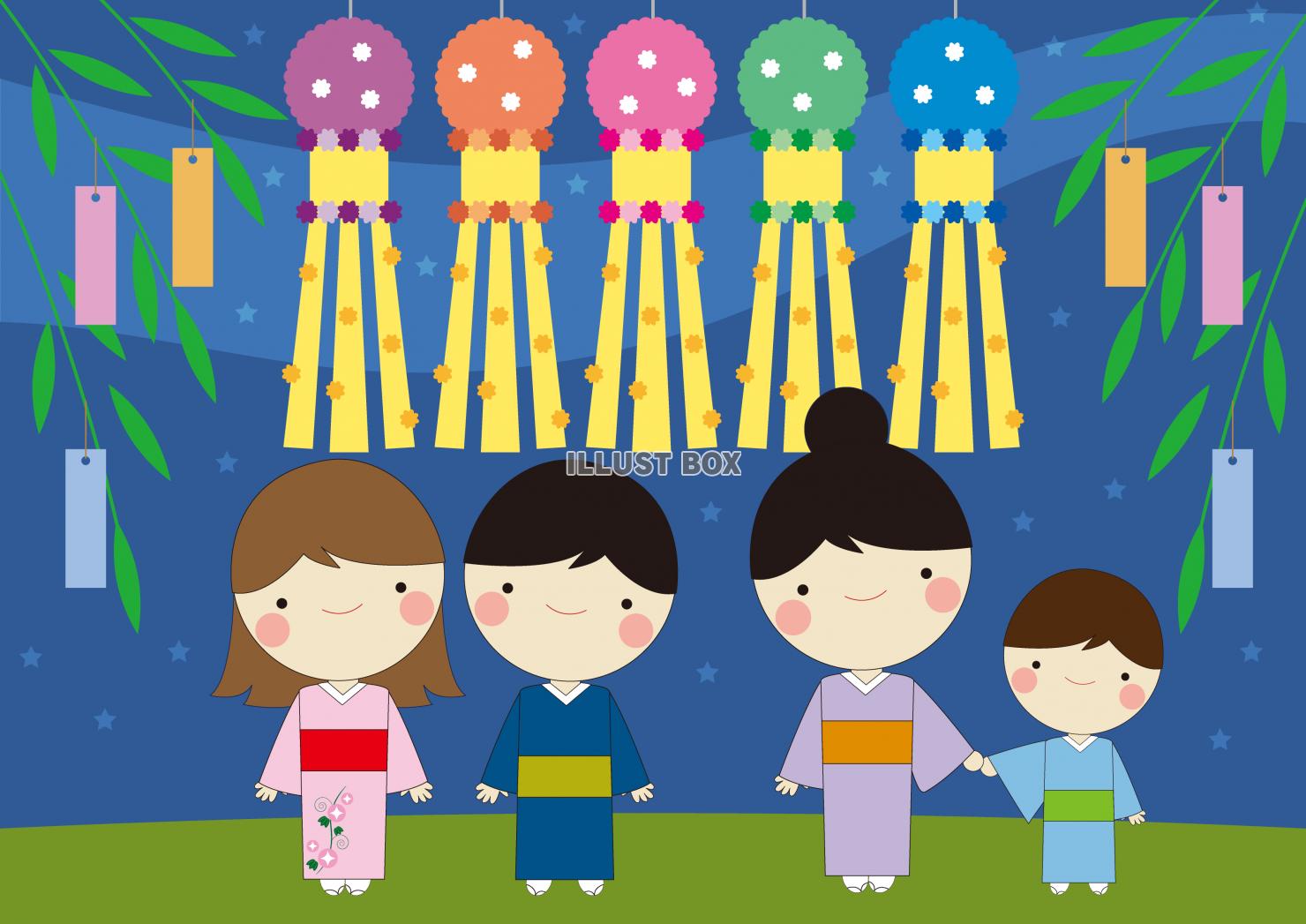 3_七夕_夏祭り・笹と短冊・吹き流し・天の川・浴衣の人物