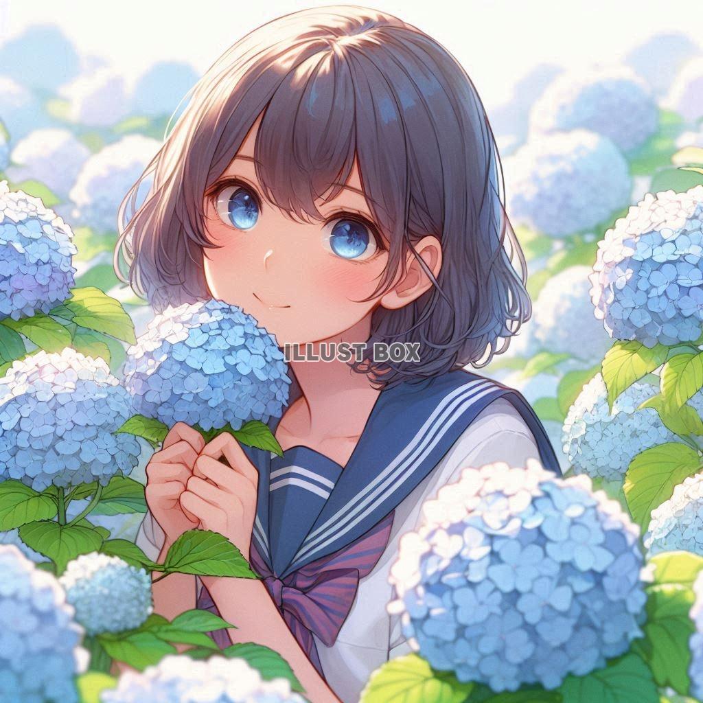 アジサイと女子高生　イラスト