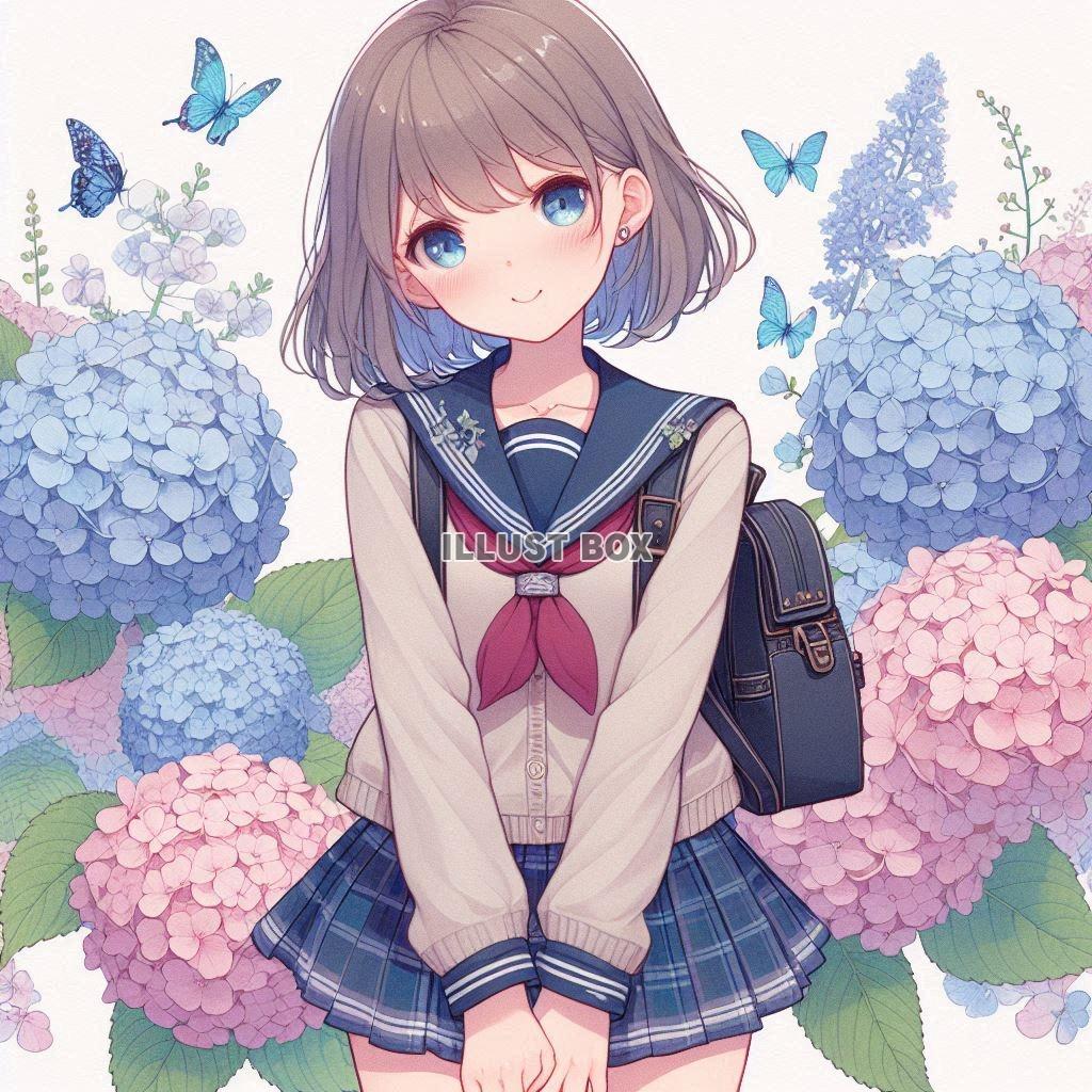 アジサイと女子高生　イラスト