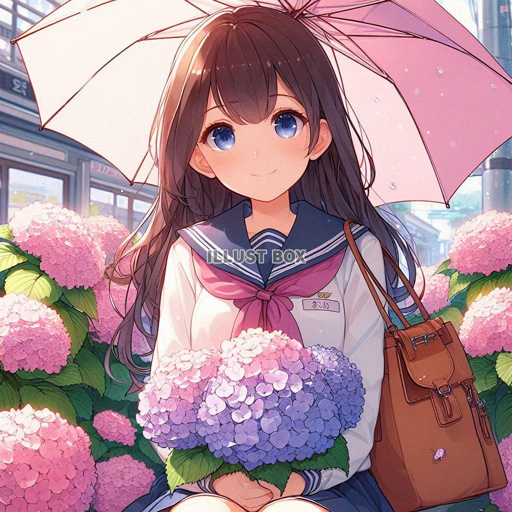 アジサイと女子高生　イラスト