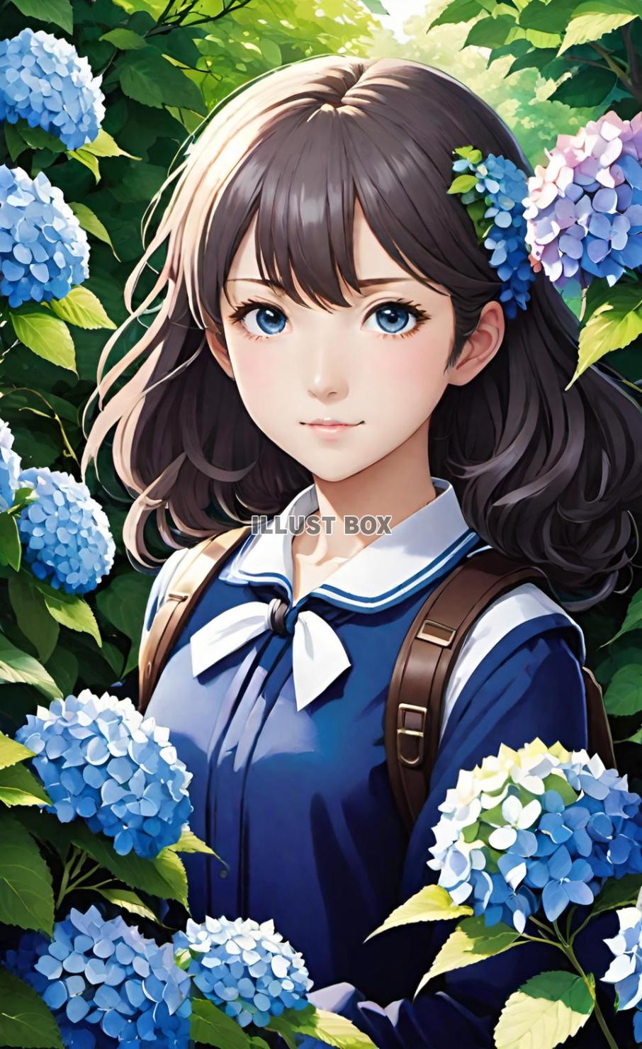 アジサイと女子高生　イラスト