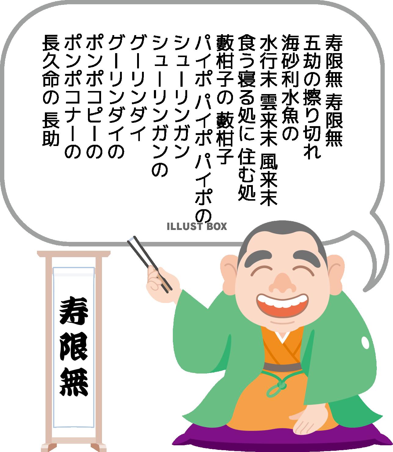 高座で寿限無を演じる落語家
