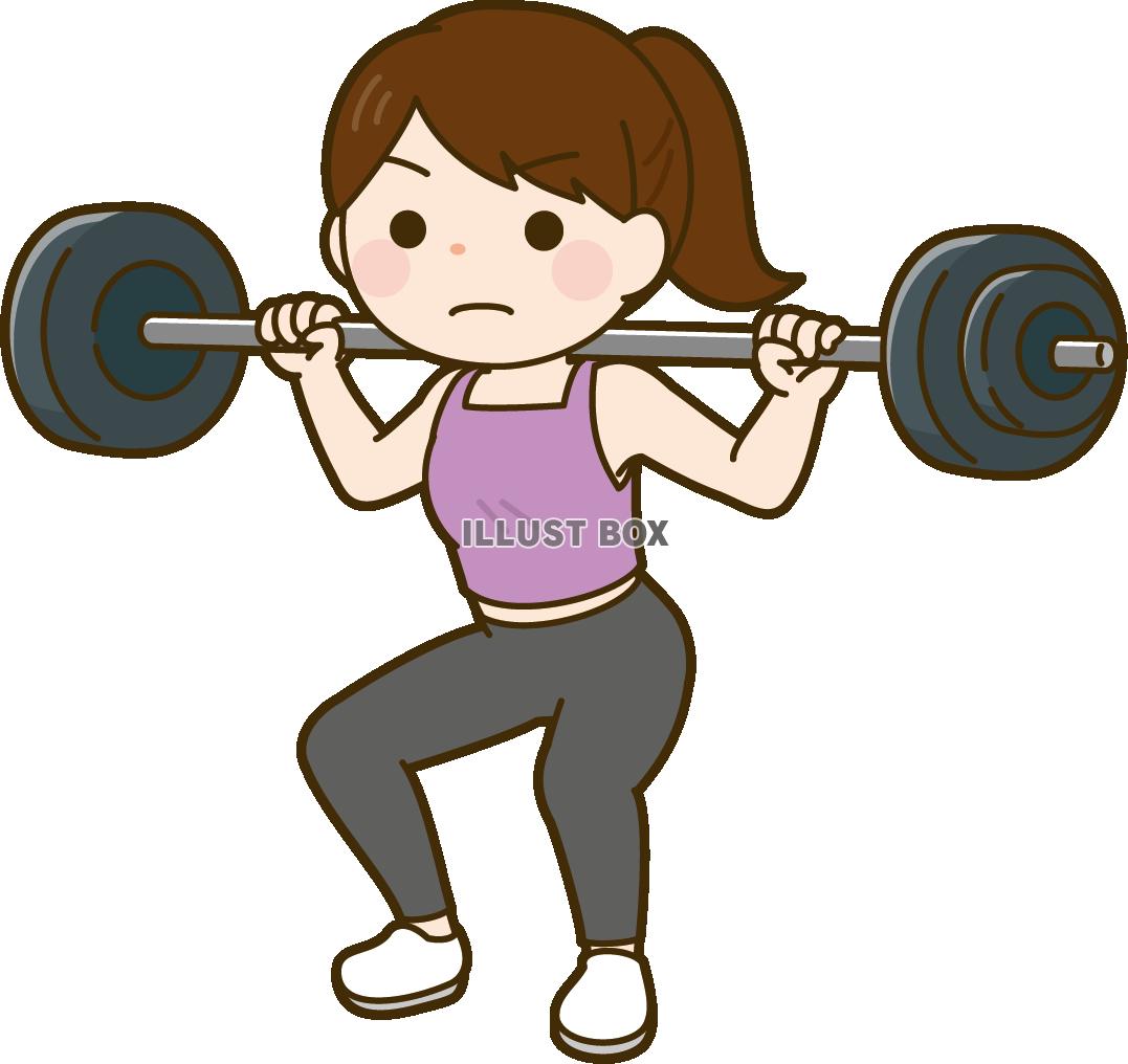 バーベルでスクワットをする女性