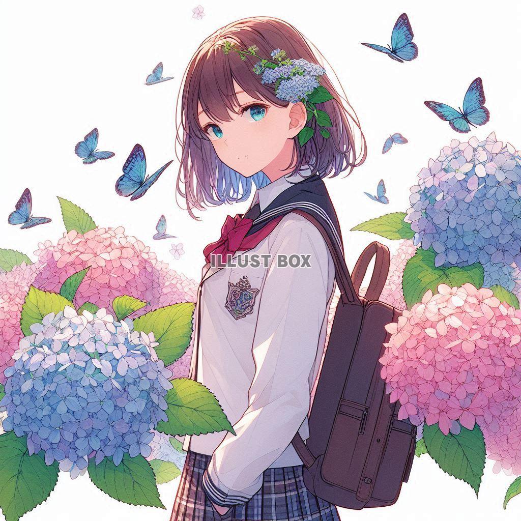 アジサイと女子高生　イラスト