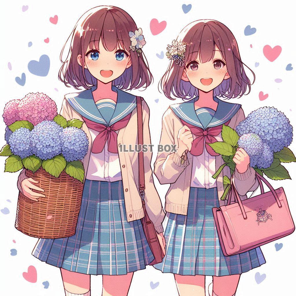 アジサイと女子高生　イラスト