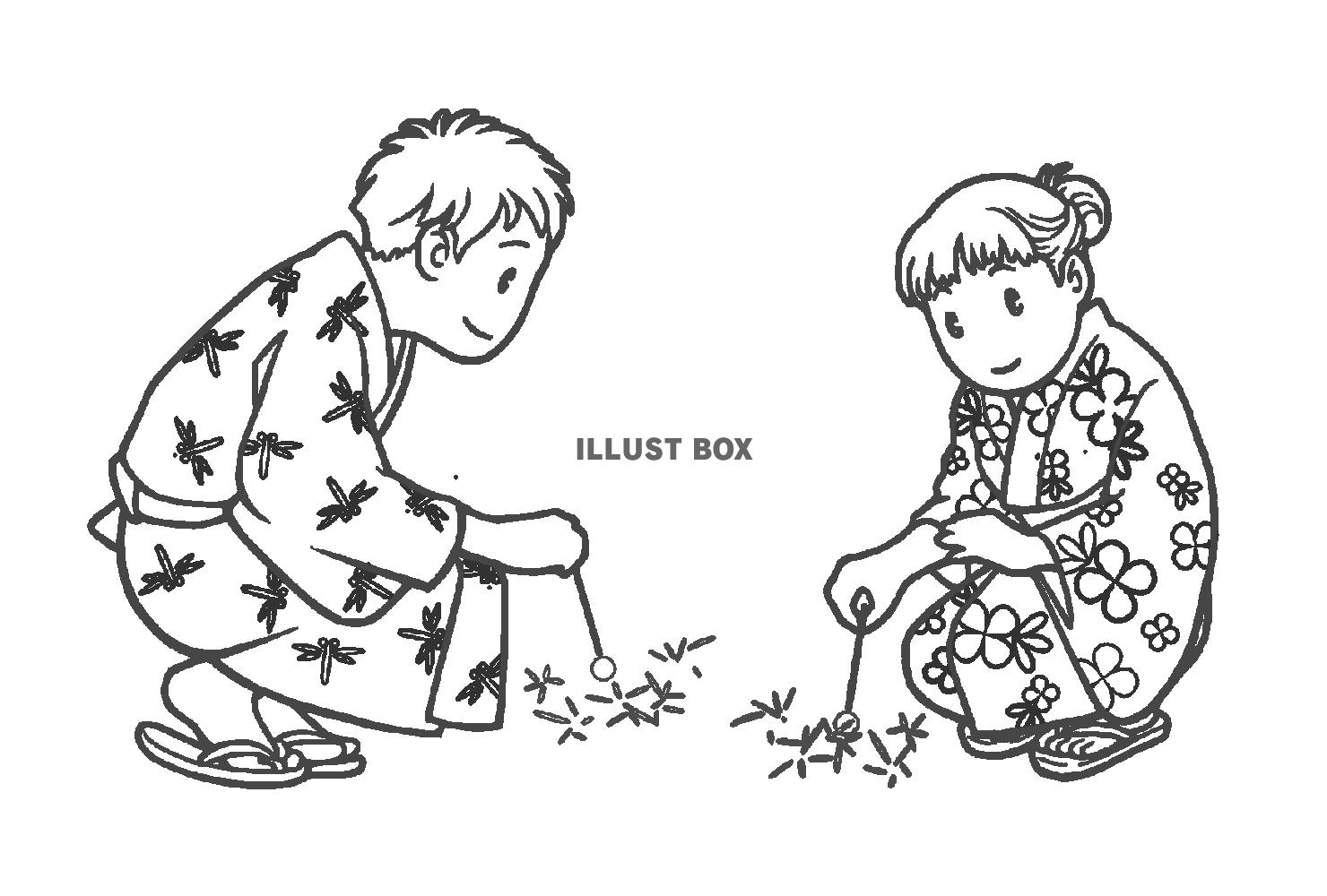 線香花火をする男性と女性の線画