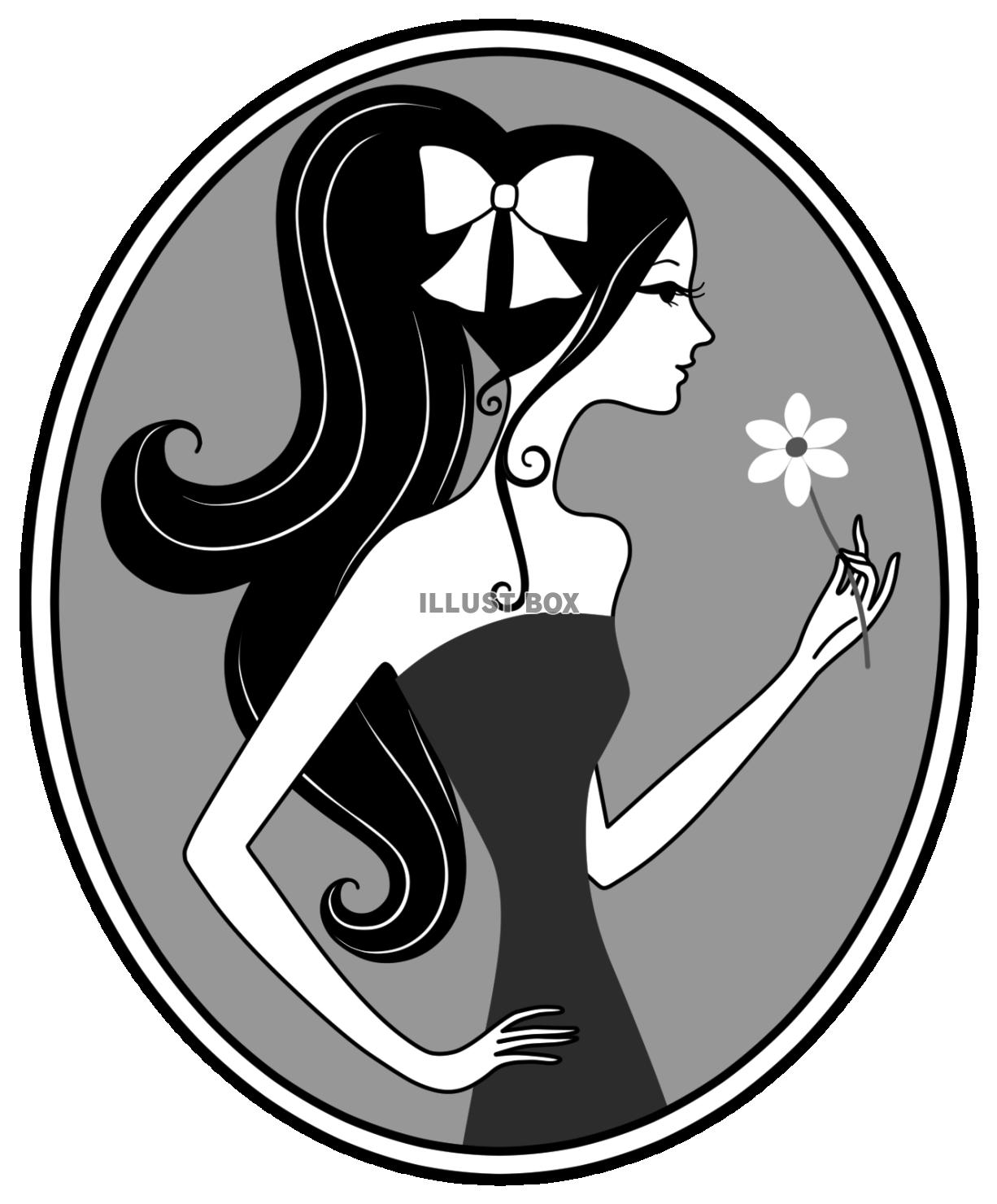 【ポニーテールの女性　楕円額縁】モノトーン　透過png
