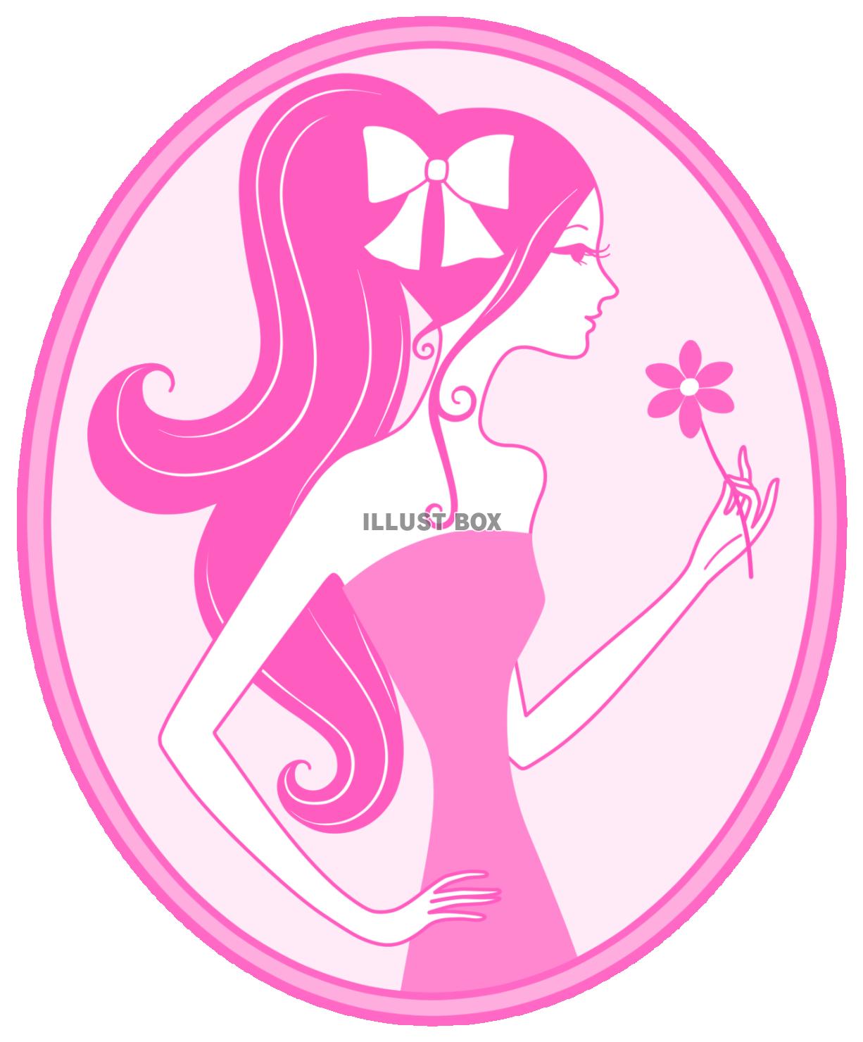 【ポニーテールの女性　楕円額縁】ピンク色２　透過png