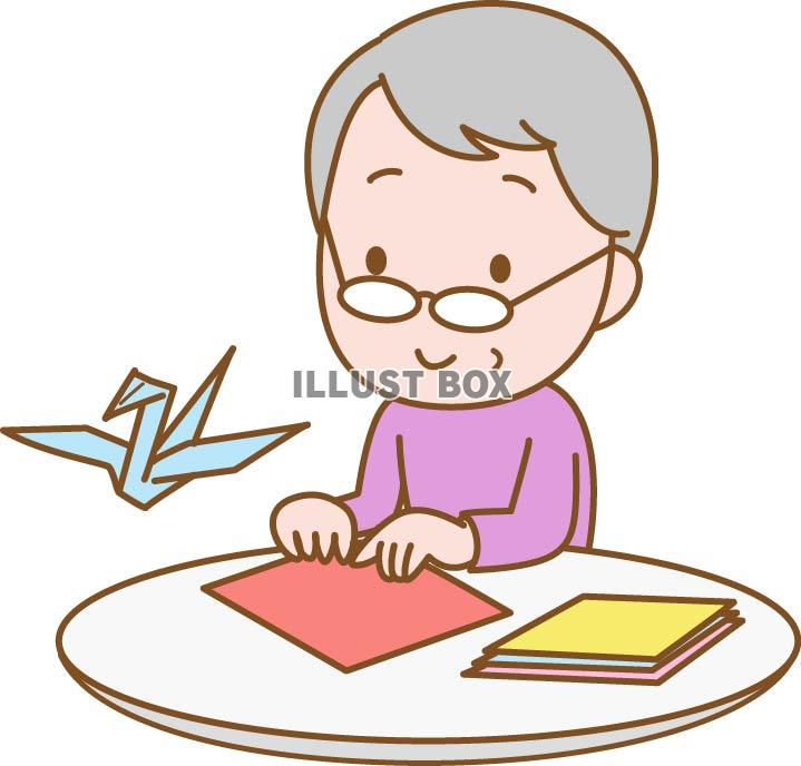 介護のイラスト、デイサービスで、折り紙を折る高齢者