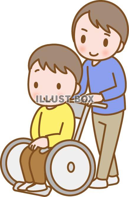 介護のイラスト、車いすを押す介護士