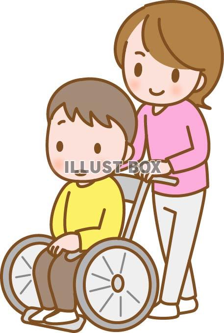 介護のイラスト、高齢者と車椅子を押す介護士
