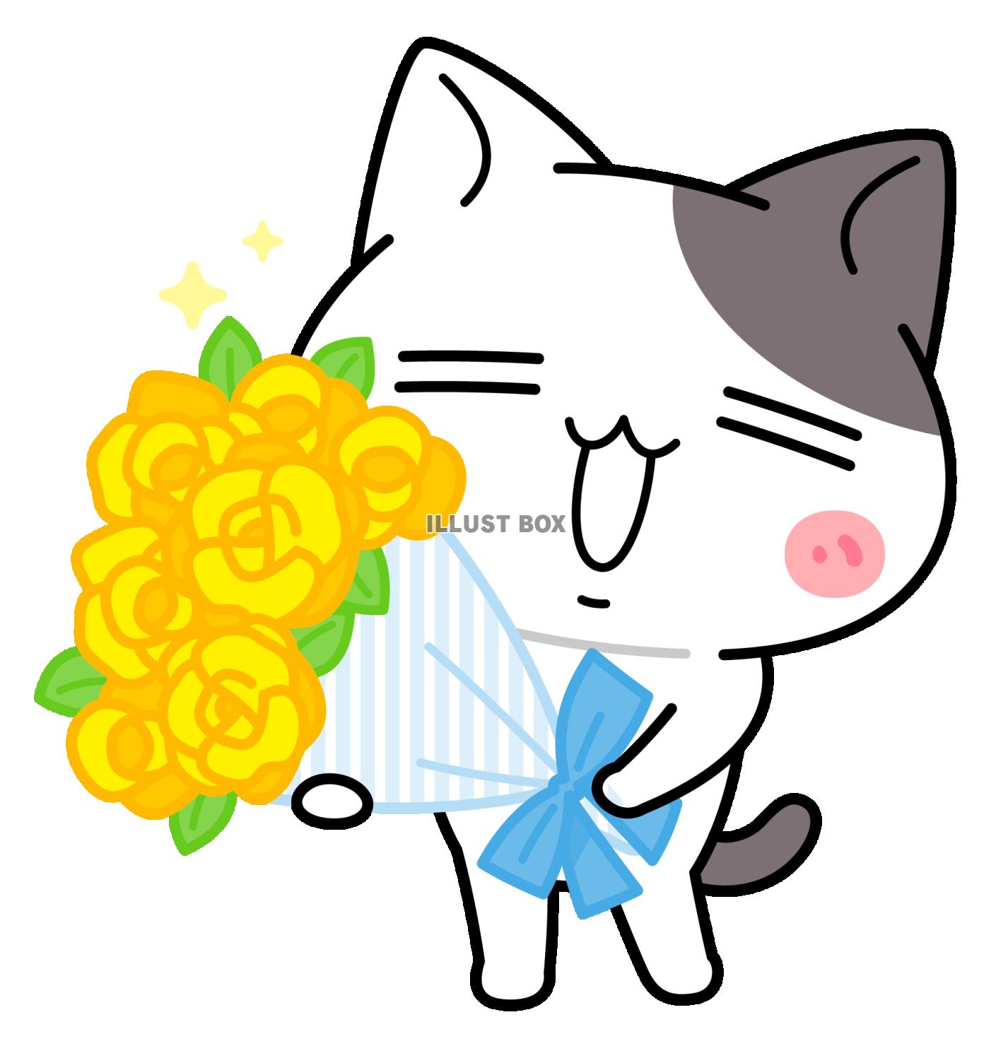 父の日に花束で感謝を伝えるにゃんこ＜ぶち猫　にゃんこ＞