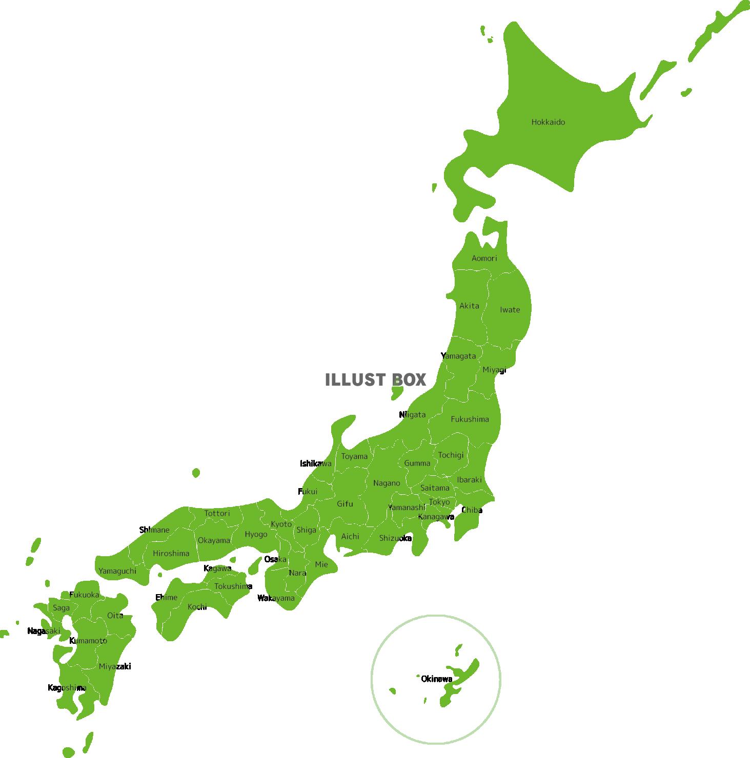 日本地図　ローマ字の都道府県の名称入り