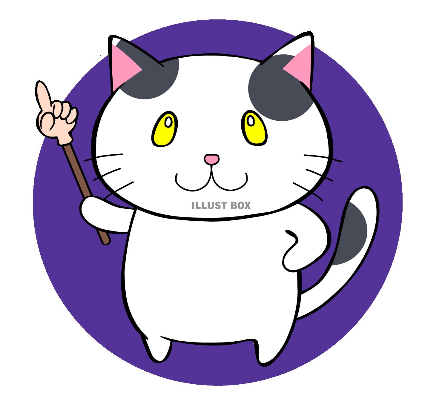 伸ばし棒を持つ白黒ポインテッドぶち猫ちゃん