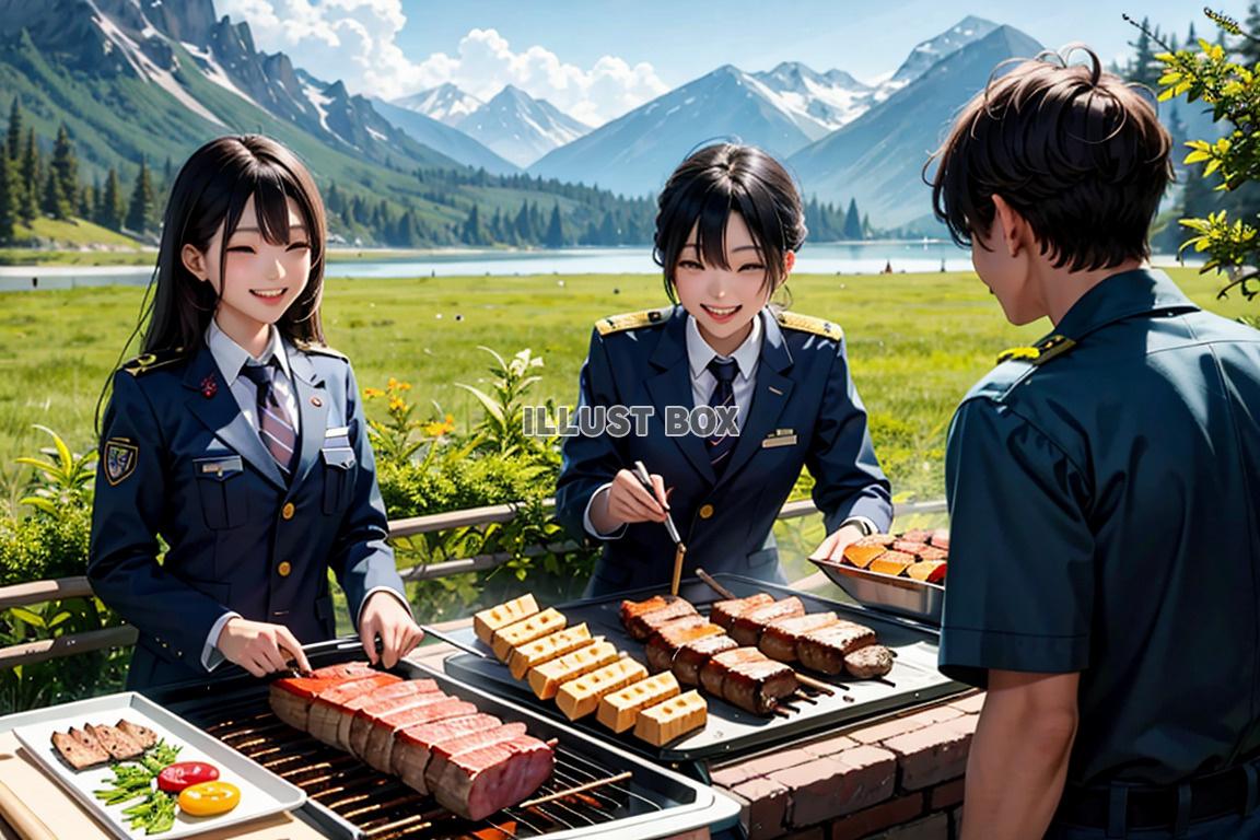 女子高生　夏休みにバーベキュー　イラスト