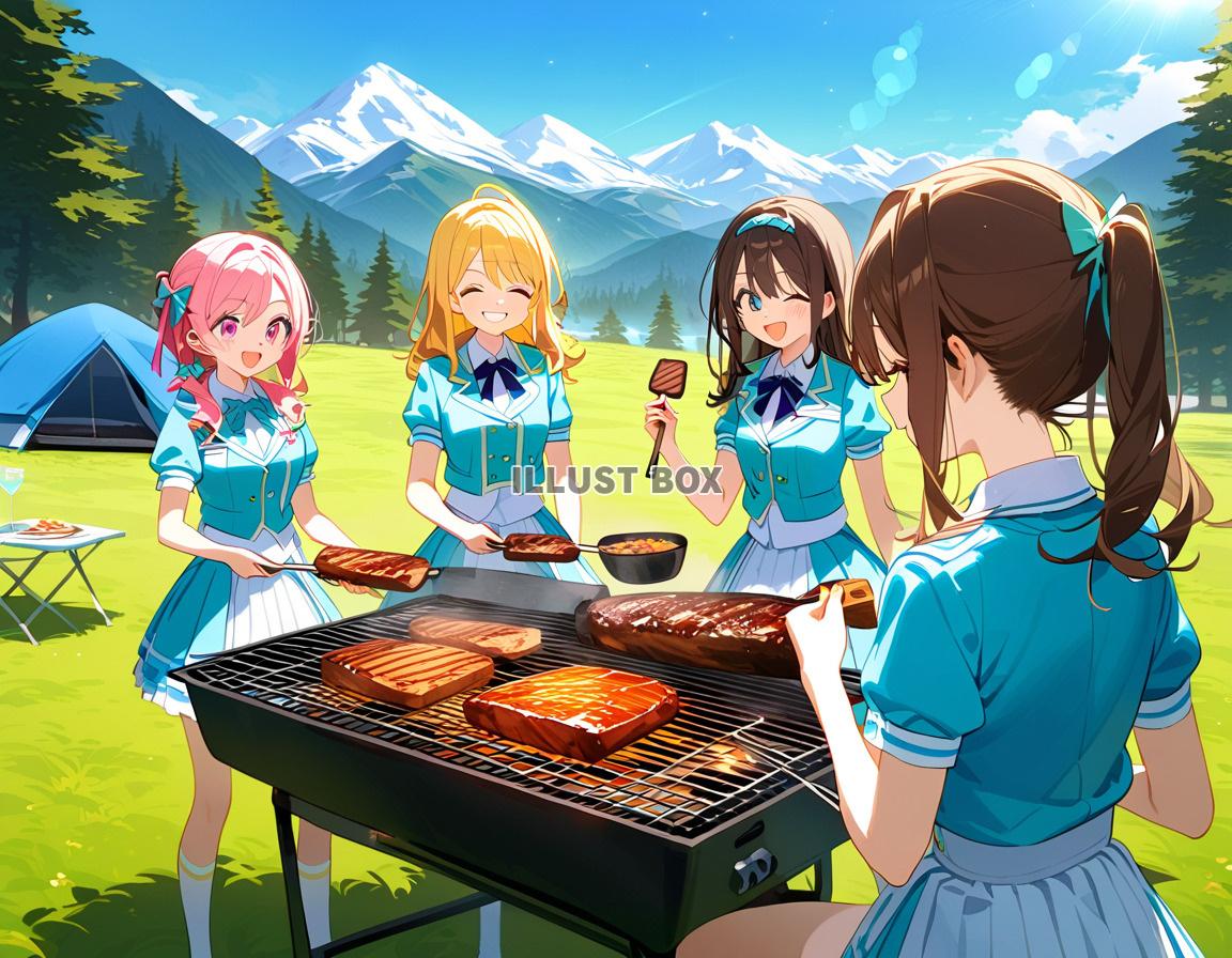 女子高生　夏休みにバーベキュー　イラスト