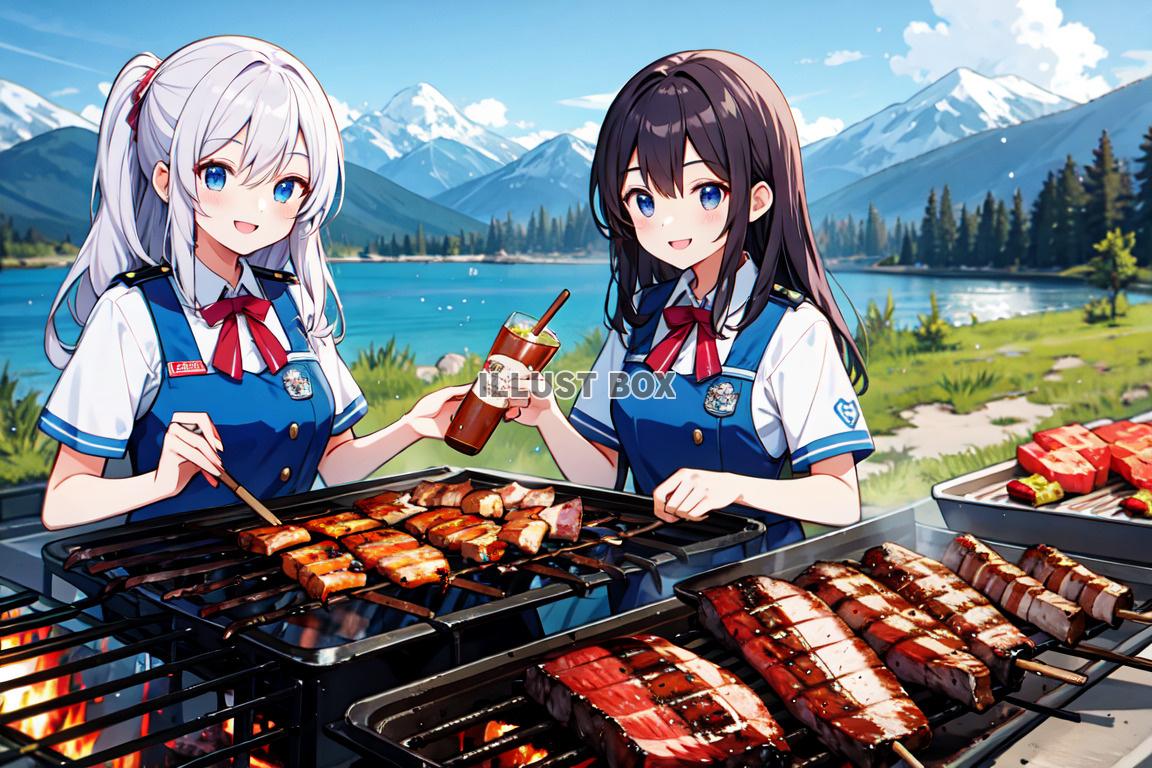 女子高生　夏休みにバーベキュー　イラスト