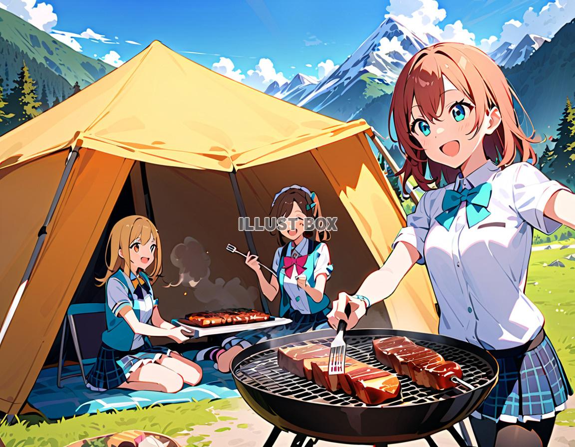 女子高生　イラスト夏休みにキャンプでバーベキュー