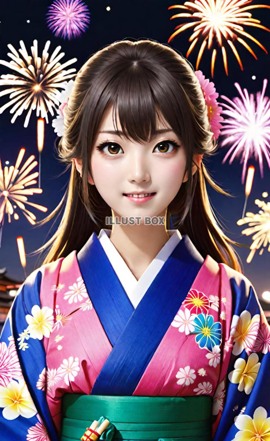女子高生　イラスト　夏休みと花火