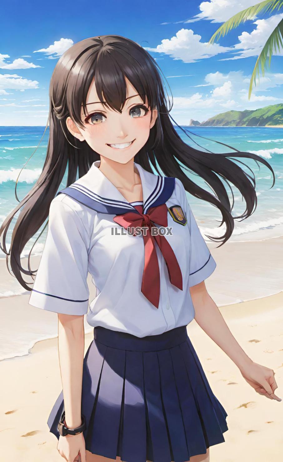 女子高生　イラスト　夏休みに海水浴