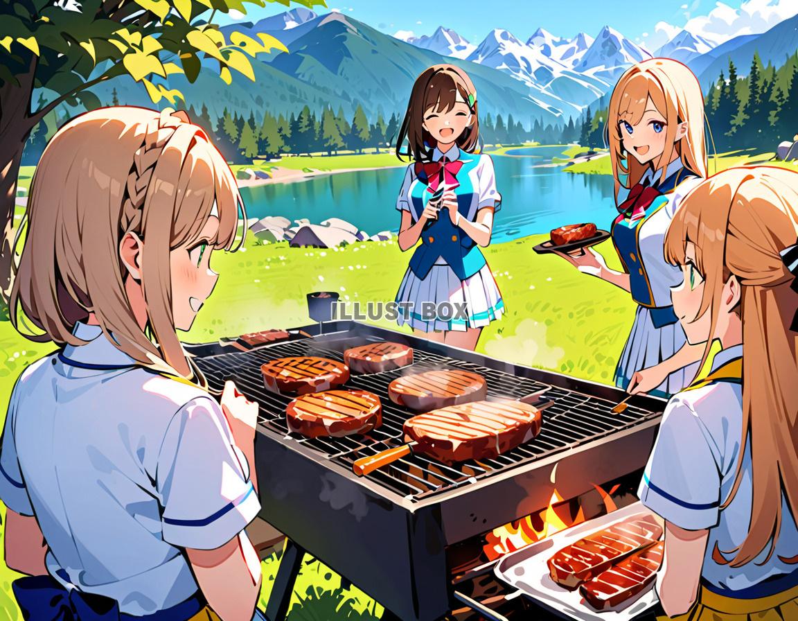 女子高生　夏休みにバーベキュー　イラスト 