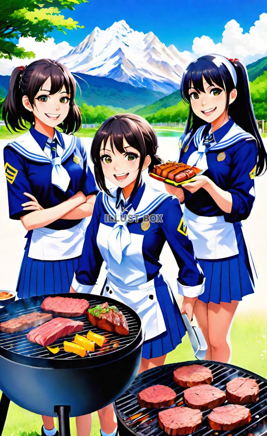 女子高生　夏休みにバーベキュー　イラスト 