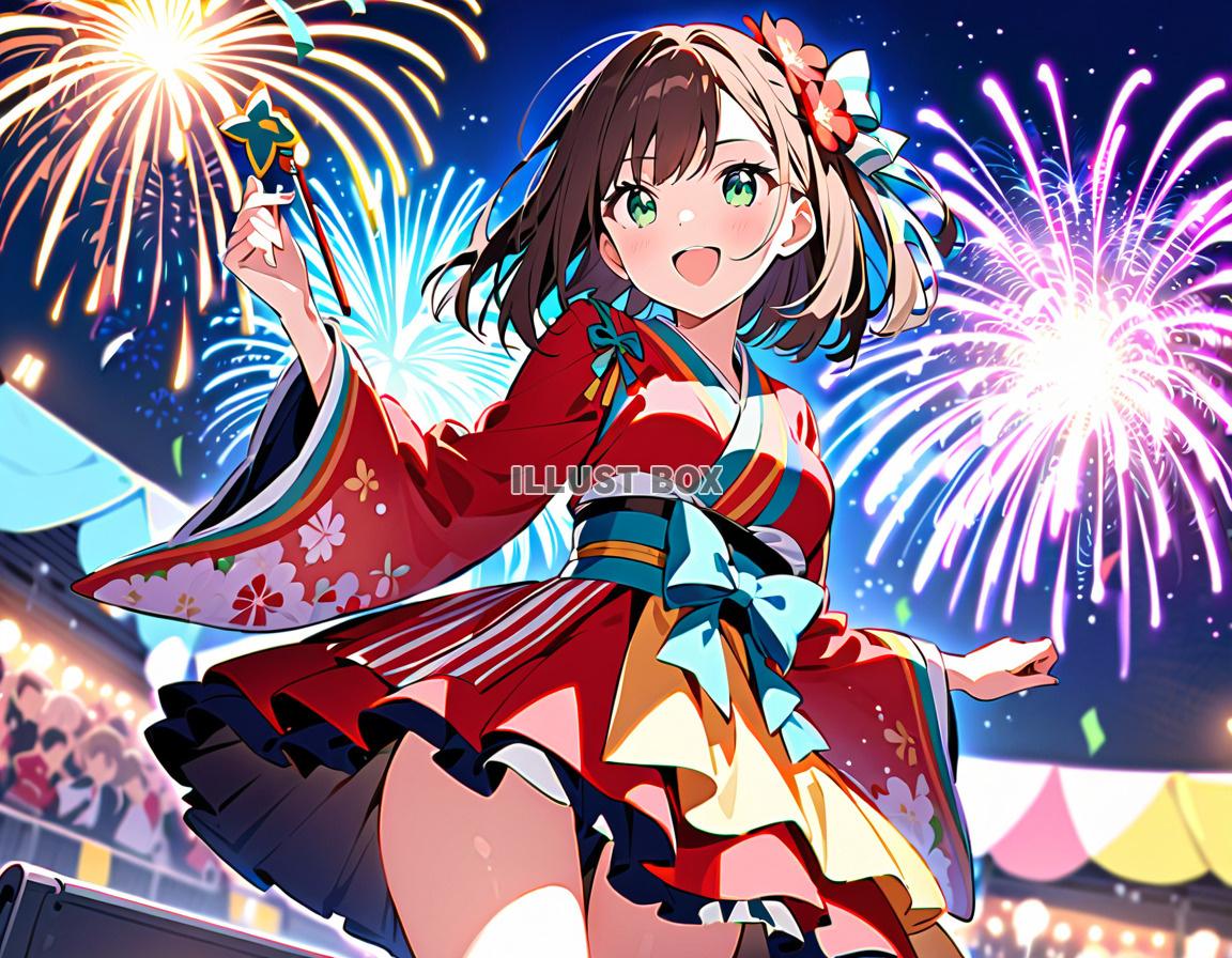 女子高生　夏休みに花火　イラスト