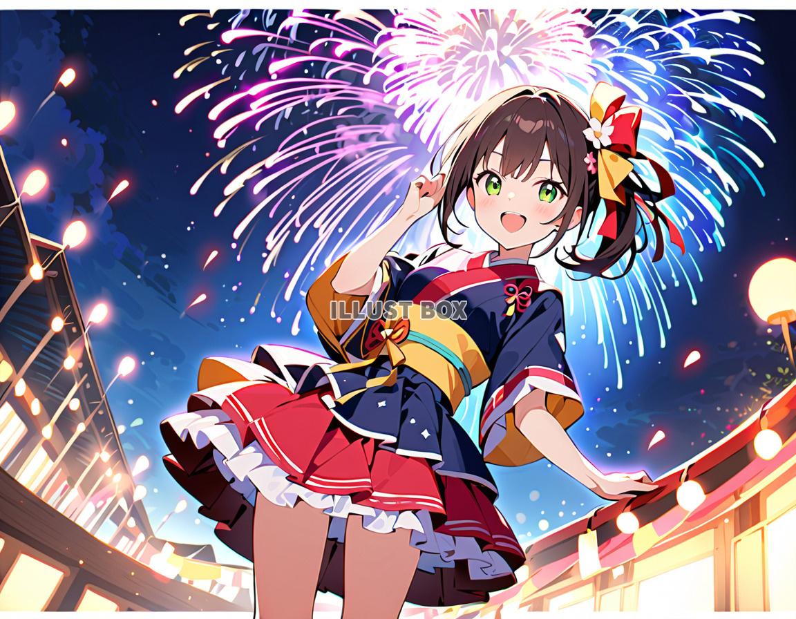 女子高生　夏休みに花火　イラスト