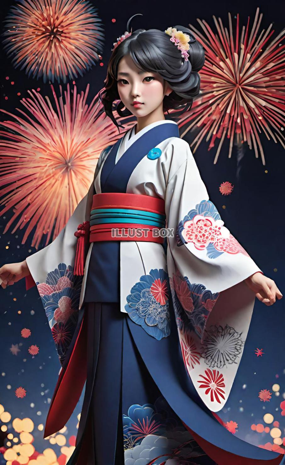 女子高生　夏休みに花火　イラスト