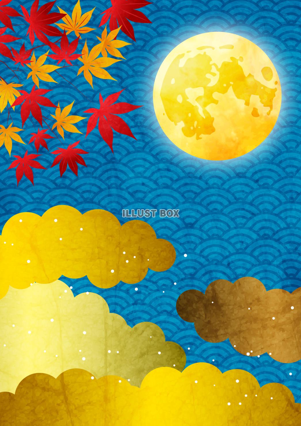 紅葉と雲と青海波と満月のお月見背景タテ
