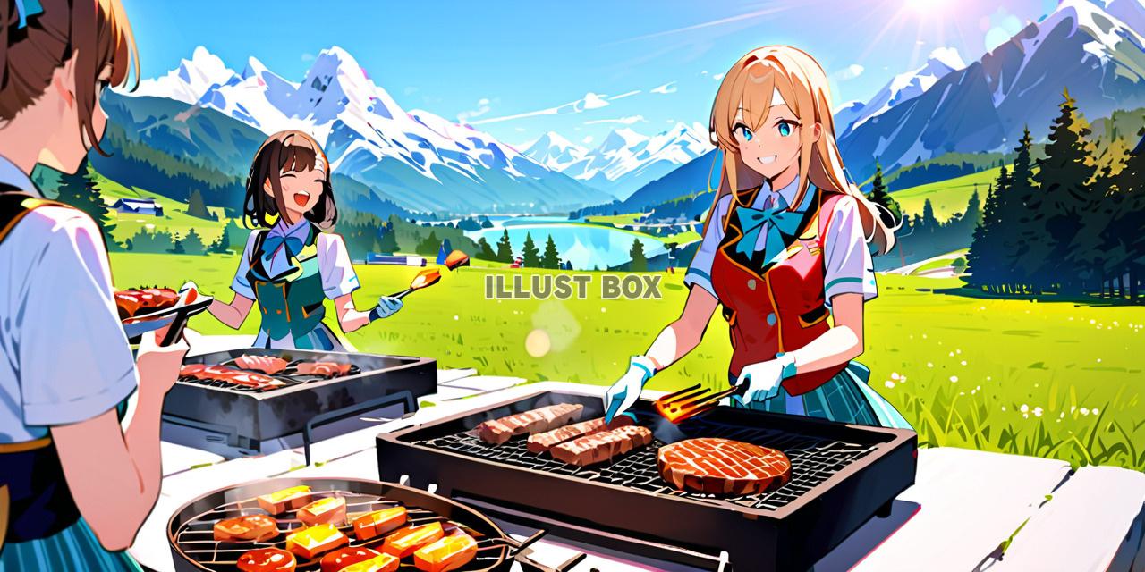 女子高生　イラスト夏休みにキャンプでバーベキュー