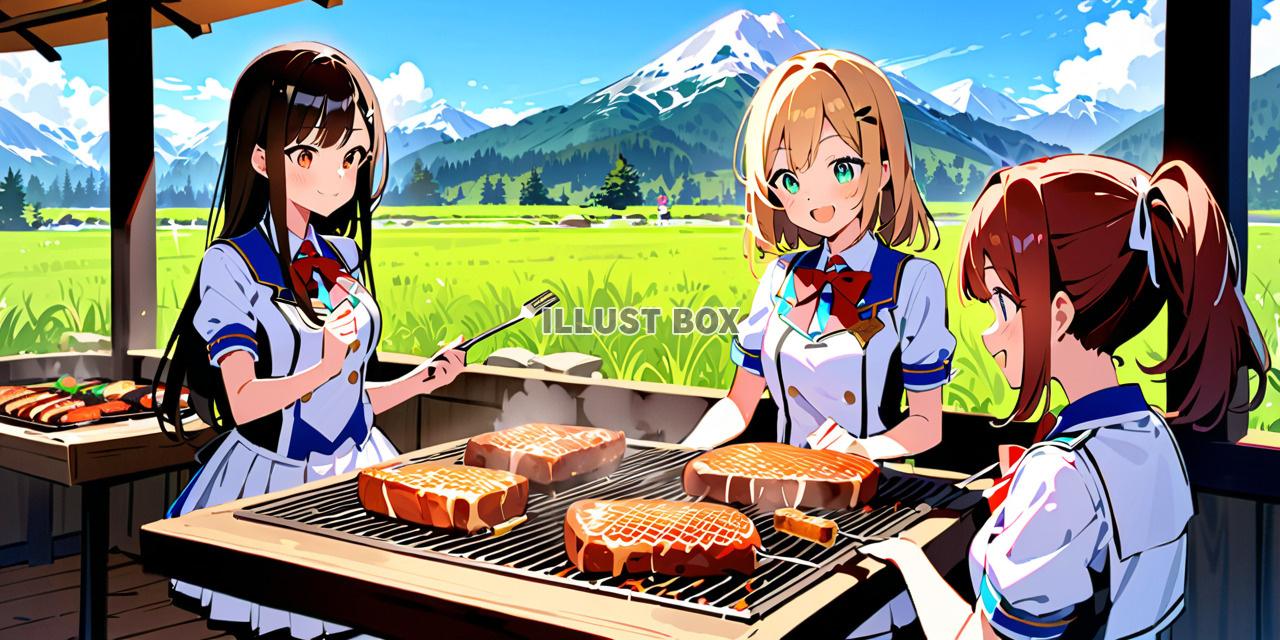 女子高生　イラスト夏休みにキャンプでバーベキュー