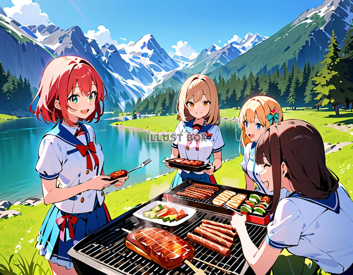 女子高生　イラスト夏休みにキャンプでバーベキュー