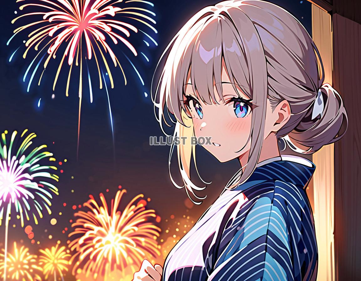 女子高生　イラスト　夏休みと花火