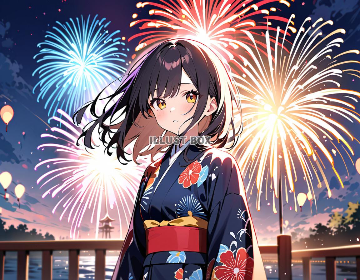 女子高生　イラスト　夏休みと花火