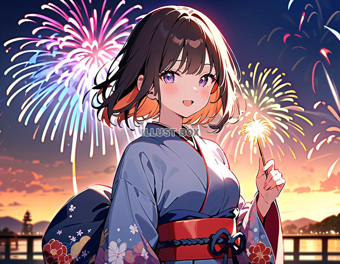 女子高生　イラスト　夏休みと花火