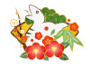 扇に松竹梅と椿の巳年アイコン・白
