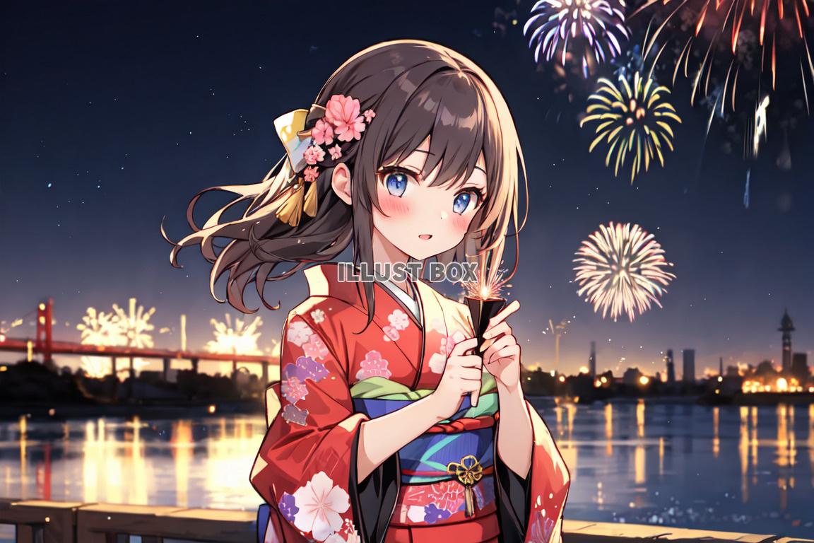 女子高生　イラスト　 夏休みと 花火