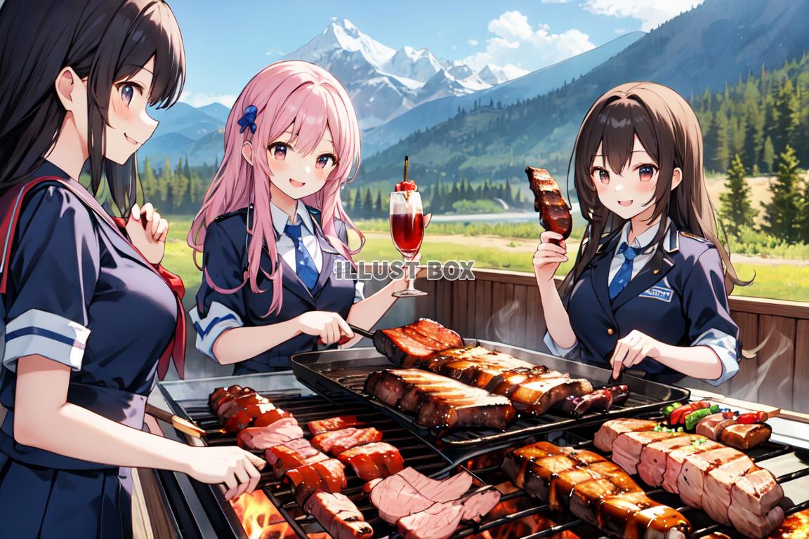 女子高生　イラスト夏休みにキャンプでバーベキュー
