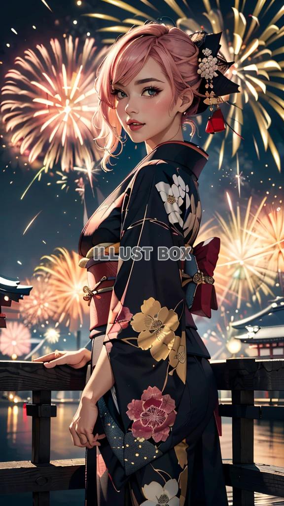 女子高生　イラスト　 夏休みと 花火